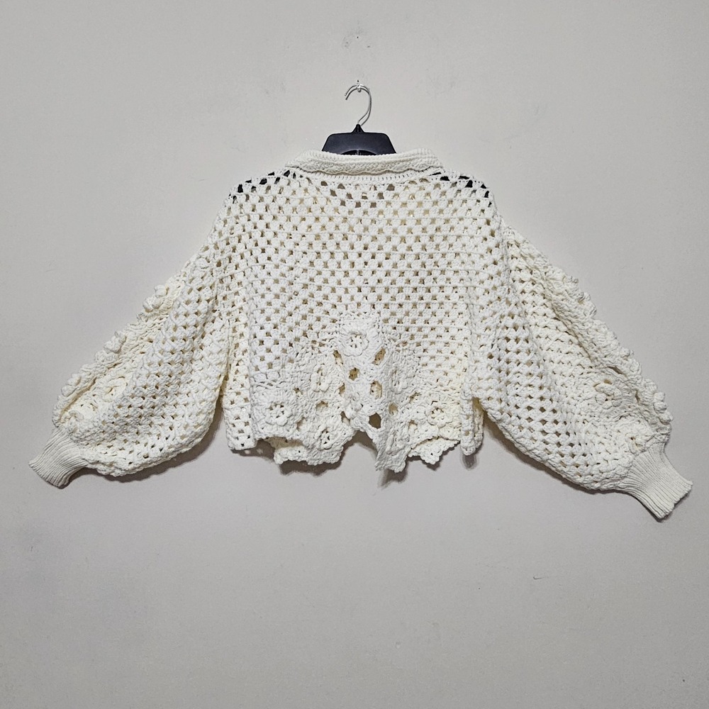 Dreamers Crochet Top Blouse Medium/Large White Long Balloon Sleeves Cropped 1047 - Picture 5 of 10